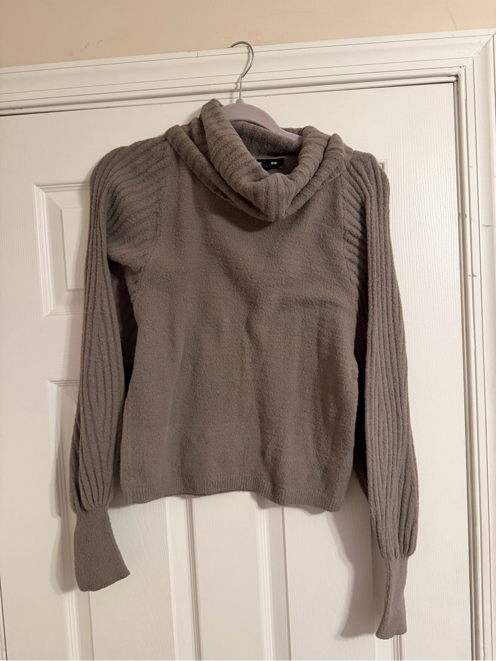 Express Taupe Ribbed-Sleeve Cowl Neck Sweater
